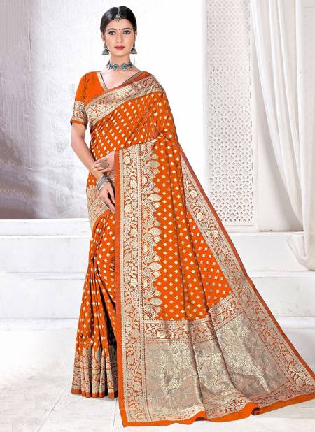 Orange Colour Fancy Designer Pure Jaquard silk Party Wear Heavy Saree Collection 1005